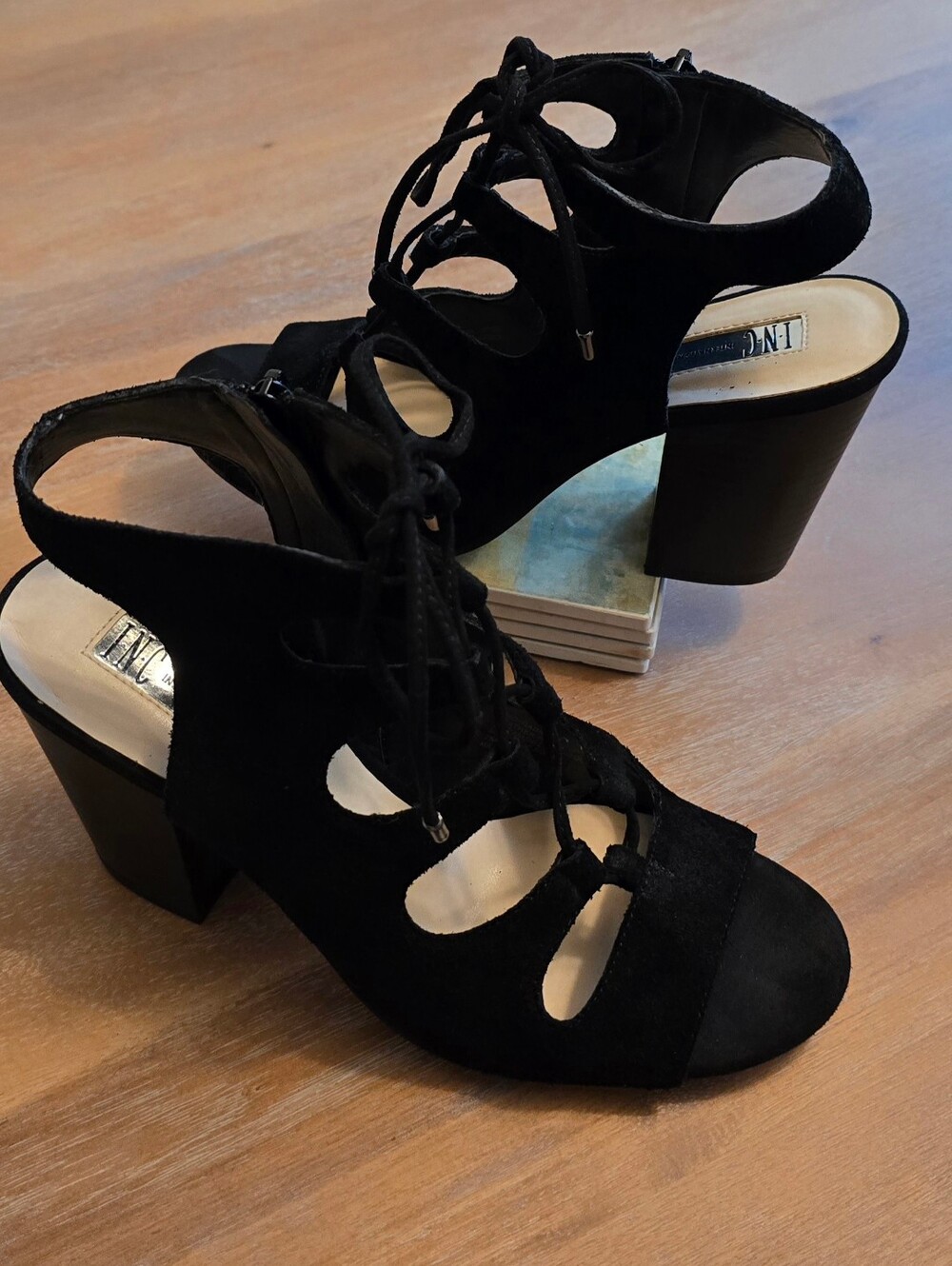 INC International Concepts Black Suede Lace-Up Cage Heels